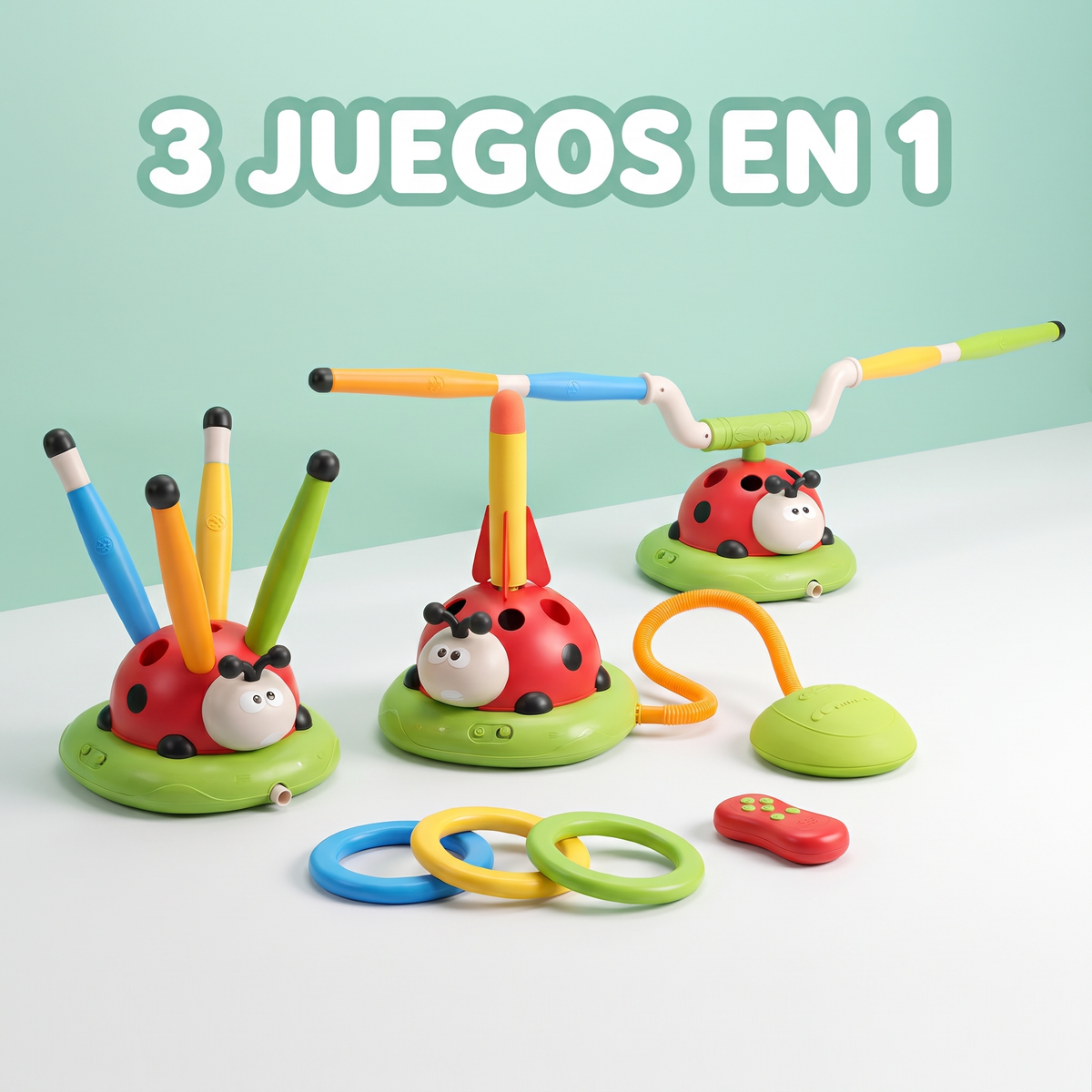 3 juegos en 1: lanza aros, cohete y palo giratorio